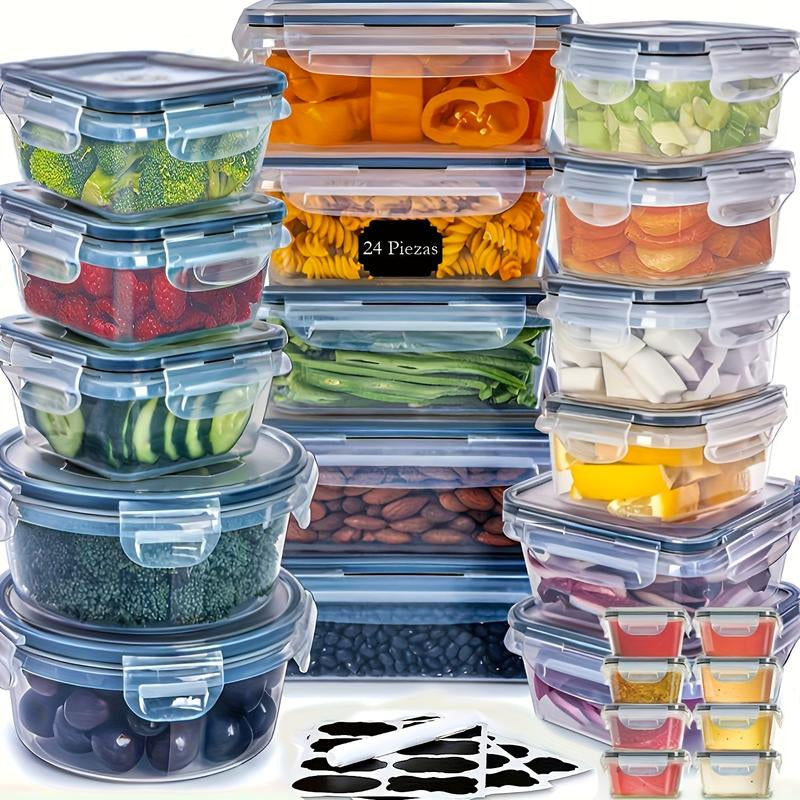 Essential 48-Piece Food Storage Box Set with 24 Lids & 24 Containers Sealed Plastic Utensil Set for Pantry Travel Outdoor Picnic Kitchen Tidying Includes Labels Markings Glass Milk