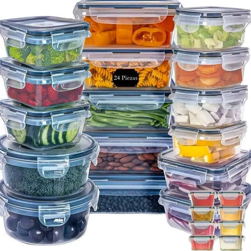 Essential 48-Piece Food Storage Box Set with 24 Lids & 24 Containers Sealed Plastic Utensil Set for Pantry Travel Outdoor Picnic Kitchen Tidying Includes Labels Markings Glass Milk